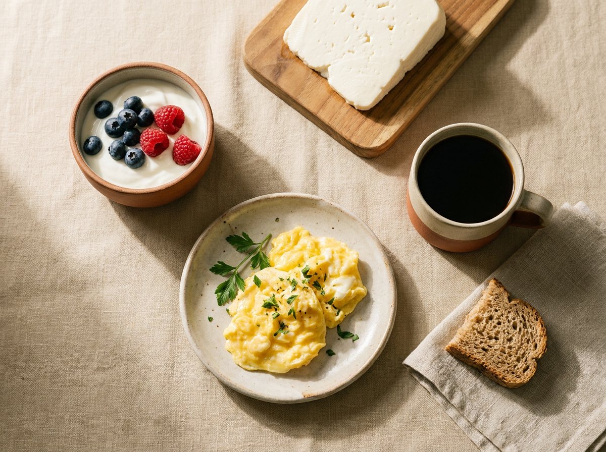 Café da manhã com ovos mexidos, iogurte com frutas vermelhas e queijo branco