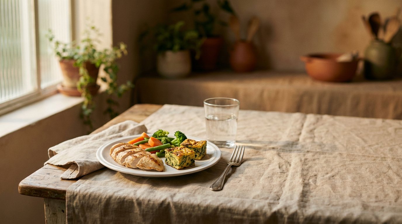 Almoço com frango grelhado, omelete de forno e legumes