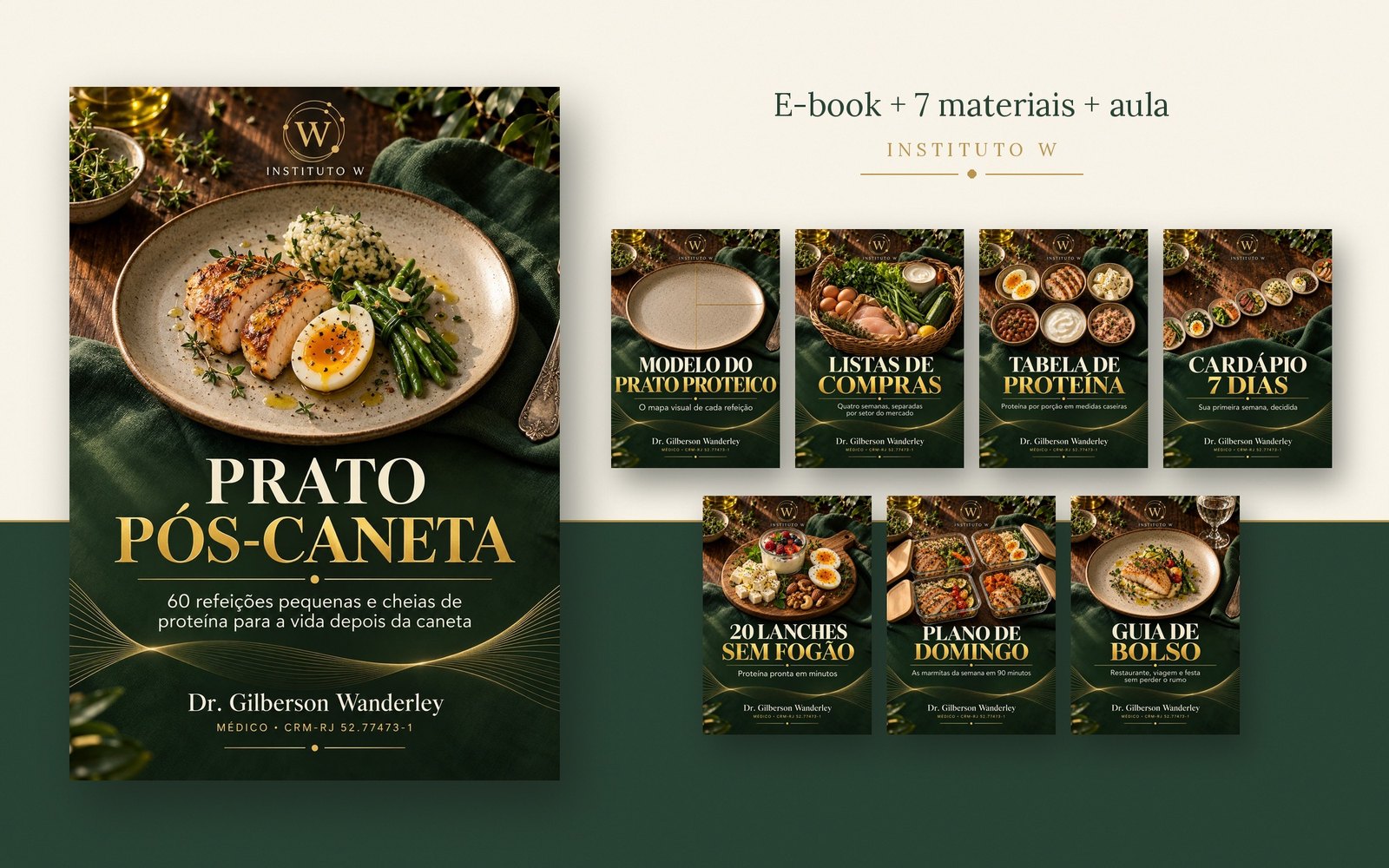 E-book Prato Pós-Caneta com os 7 materiais: Modelo do Prato Proteico, Listas de Compras, Tabela de Proteína, Cardápio 7 Dias, 20 Lanches sem Fogão, Plano de Domingo e Guia de Bolso